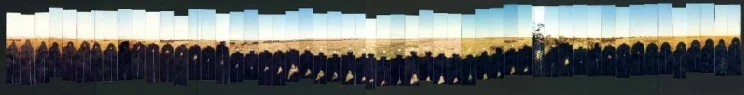 A photomontage landscape showing a wide open grassy background with a series of the photographer's shadow reflected at different lengths throughout the day.