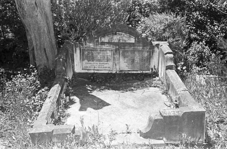 A black and white photo of a grave site with overgrown plants and bushes in background. 