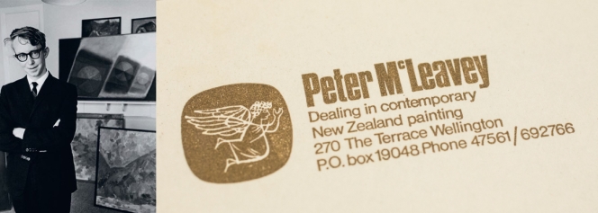 L: Peter McLeavey with paintings by Toss Woollaston and Milan Mrkusich. Photographer Marti Friedlander, 1967: Courtesy Gerrard and Marti Friedlander Charitable Trust. R: Letterhead from Peter McLeavey’s first Gallery on the Terrace, Wellington.