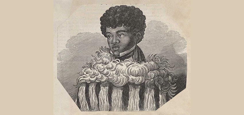 Drawing of young Māori man wearing intricate cloak over shirt with high white collar