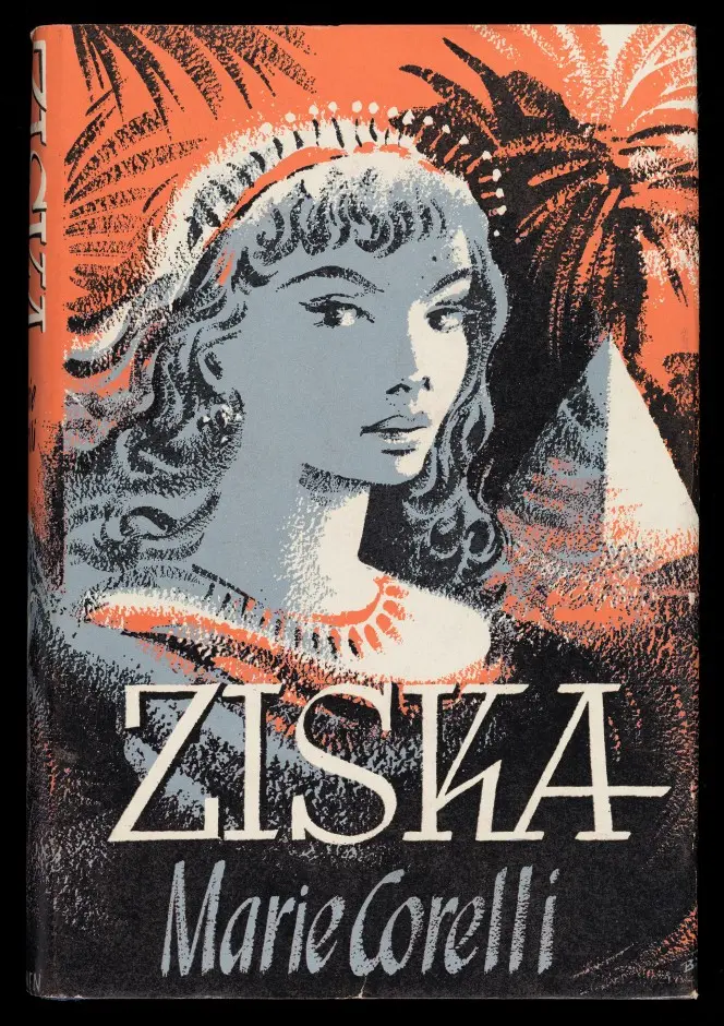 Cover of Ziska, showing a woman in tiara and necklace, in front of a somewhat abstract tree and pyramid scene.