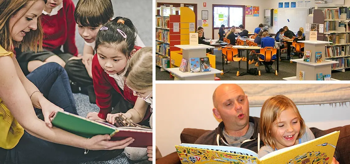 Collage of 3 photos. A teacher reading a book to a group of students. Group of students sitting at tables in a school library. Father and child reading at home.
