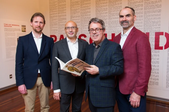 Chris Bourke with (l-r) Michael Brown (Curator, Music), Chris Szekely (Chief Librarian), and Keith McEwing (Assistant Curator, Music).