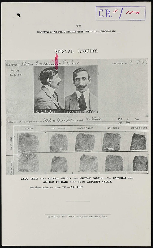 Police booking sheet thumbprints and mugshots of a man with a waxed and curled moustache