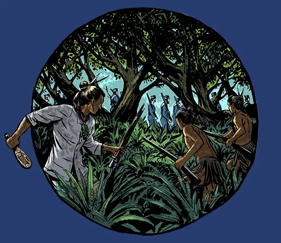 Colour illustration of 3 Māori warriors in the forest, watching a group of British soldiers.