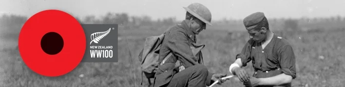 WW100 logo over an image of a New Zealand soldier bandaging a German soldier.