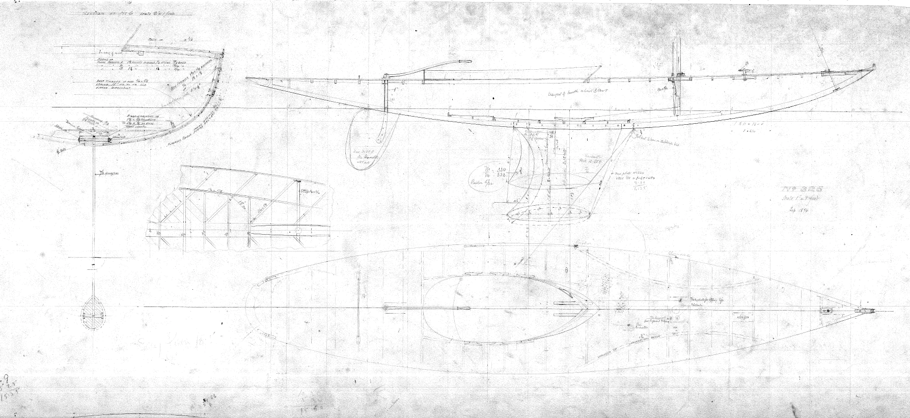 Shows a blueprint for a boat design.