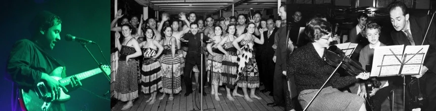 Details of images from the music collections, showing a man playing guitar on stage, members of the Ngati Poneke group, and violinists.