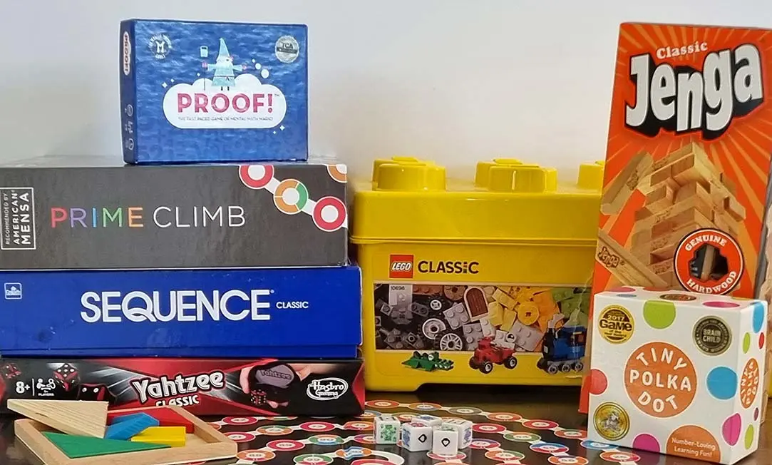 Collection of games and activities with mathematical concepts. Includes Proof!, Prime Climb, Sequence, Yahtzee, Lego, Jenga, and Tiny Polka Dot.
