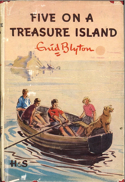 Book cover for Five on a Treasure Island by Enid Blyton with an illustration of 4 children and a dog in a dinghy.