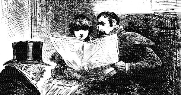 Drawing of a man and woman reading a newspaper together.