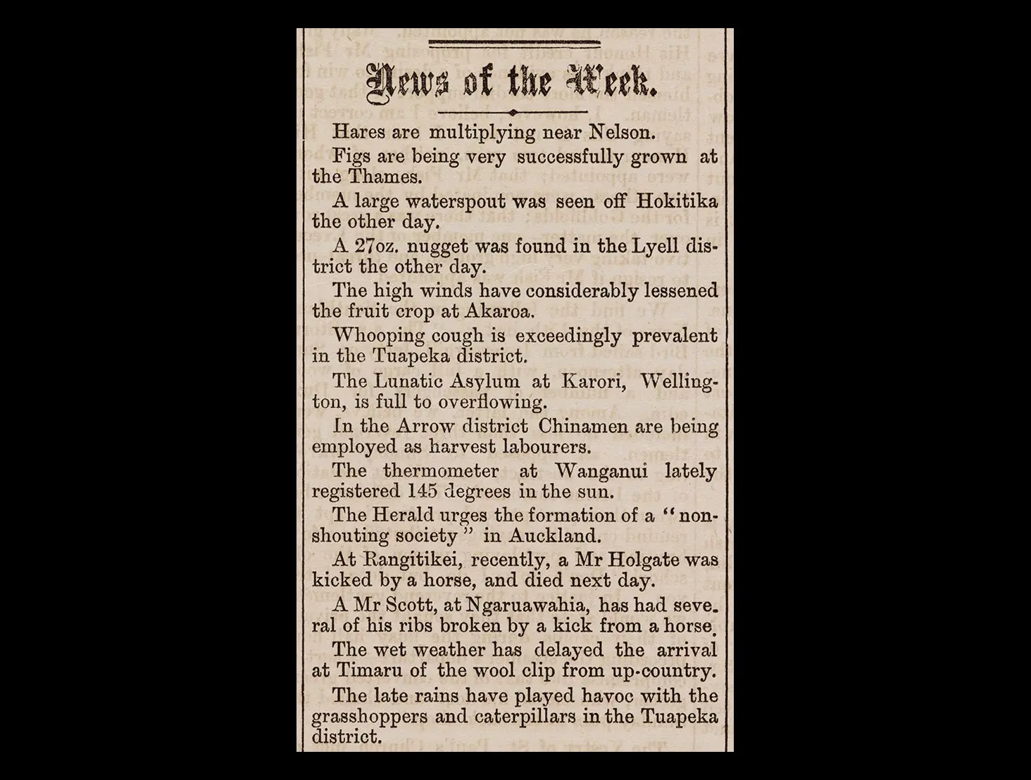 Newspaper clip titled ‘News of the week’. It shows a series of brief, one-sentence news snippets from around the country.
