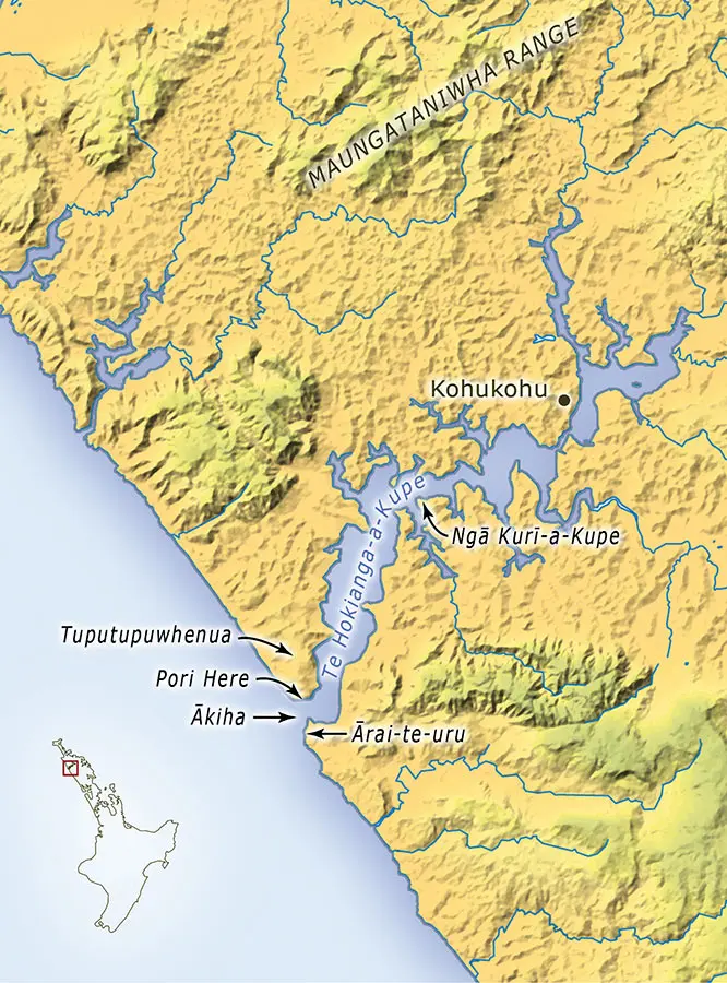 Colour map of Hokianga showing the places named after Kupe like Te Hokianga-a-Kupe. Described in image credit link: 'Places associated with Kupe'.