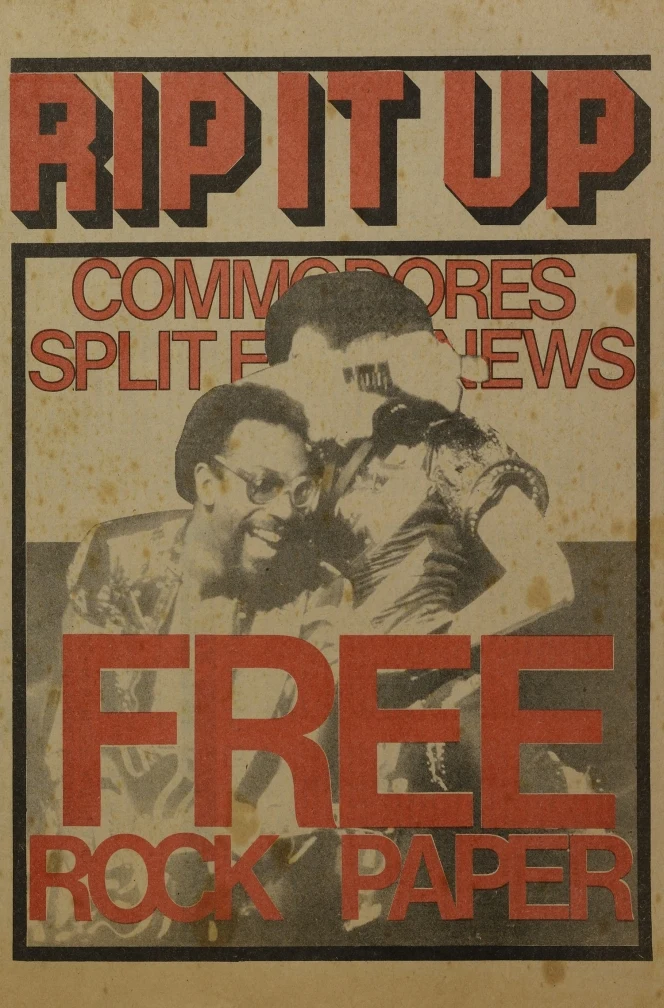 The cover of the very first issue of Rip It Up, June 1977. The words 'Free Rock Paper' and 'Commodores Split Enz News' appear on the cover in red lettering.