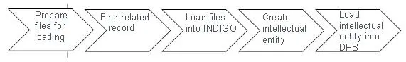 Prepare files for loading, find related record, load files into INDIGO, create intellectual entity, load intellectual entity into DPS