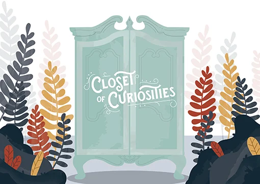 Drawing of a closet with words closet of curiosities. 