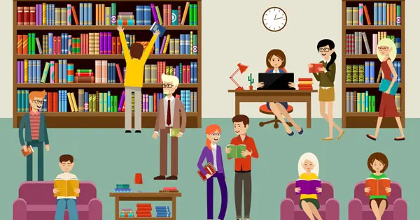 Graphic showing people inside a library.