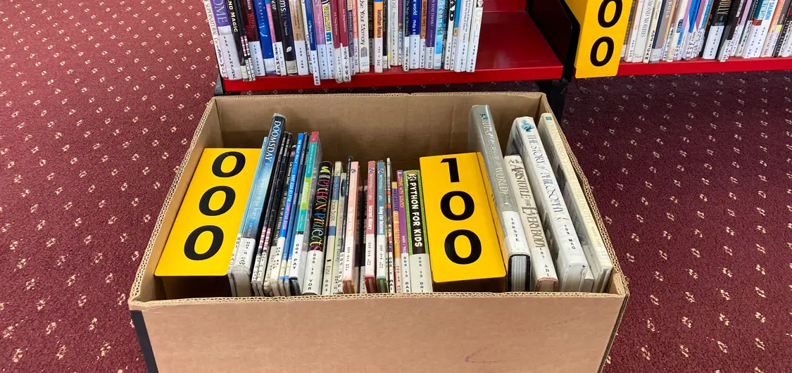 Moving a library — books and shelving numbers packed in box.