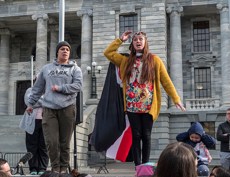 Two people standing in front of Parliament. One has a Tino Rangatiratanga flag on as a cape. 