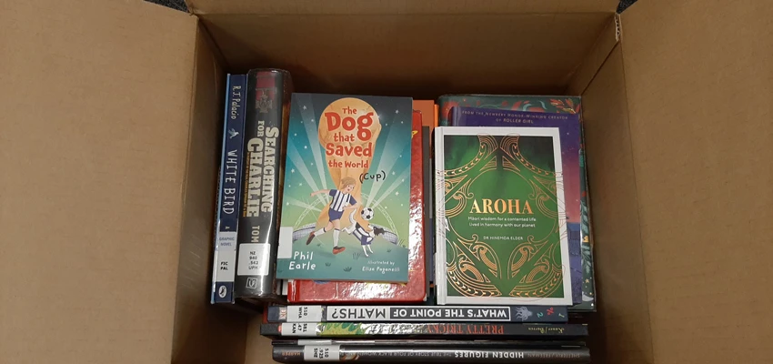 Box of books from National Library's school lending service.
