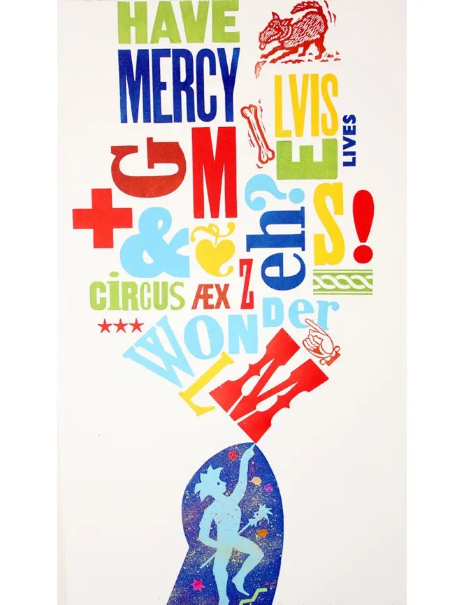 Cover of Tara McLeod's Have Mercy, showing screenprinted words, images, and lettering.