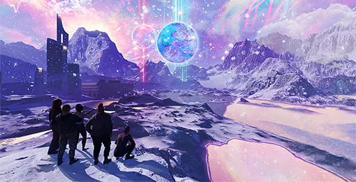 A group of people standing in a snowy, mystical universe with two spheres hovering above the mountains.