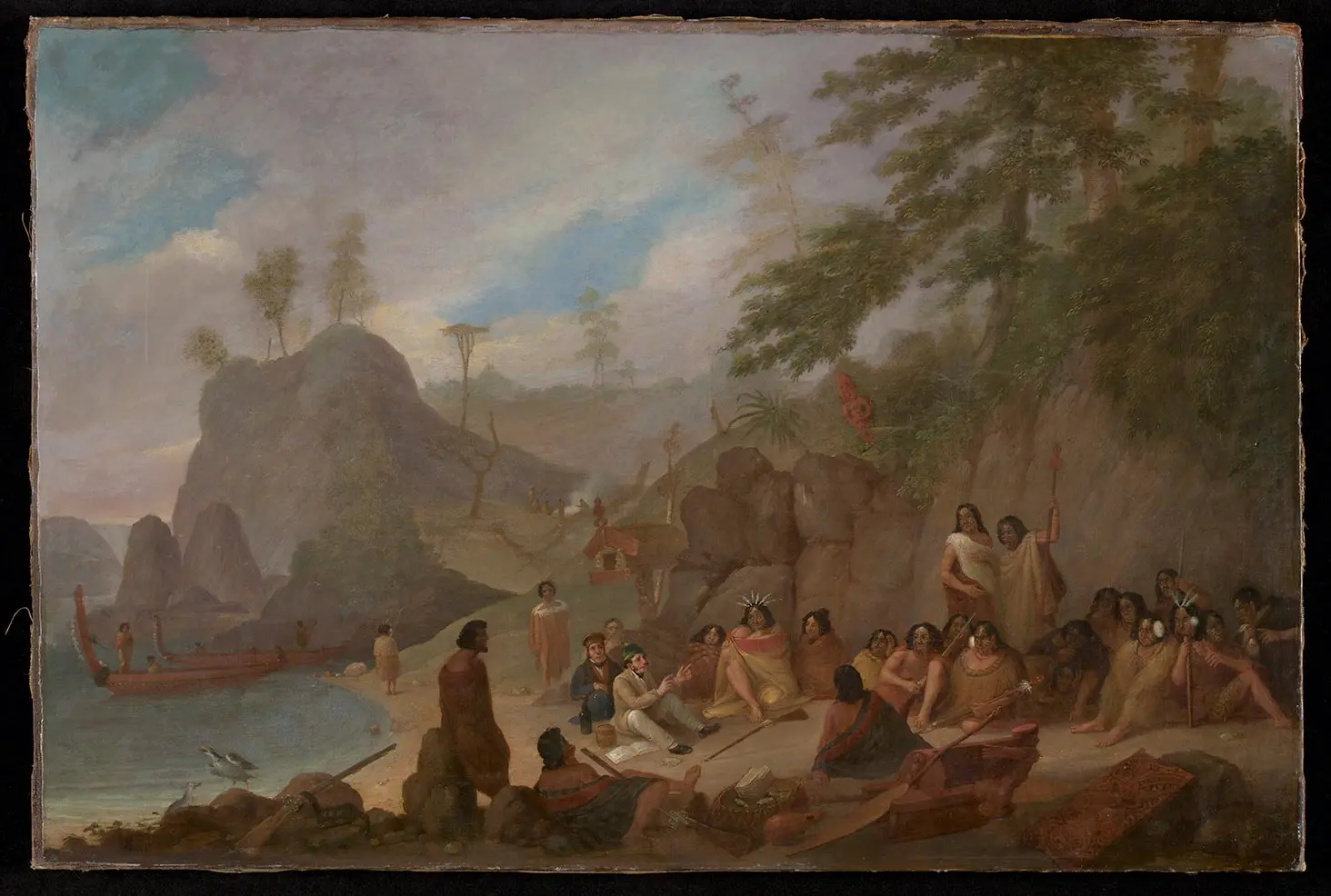 Painting of 2 European men meeting with Ngāpuhi rangatira Hongi Hika and his iwi in a coastal cove.