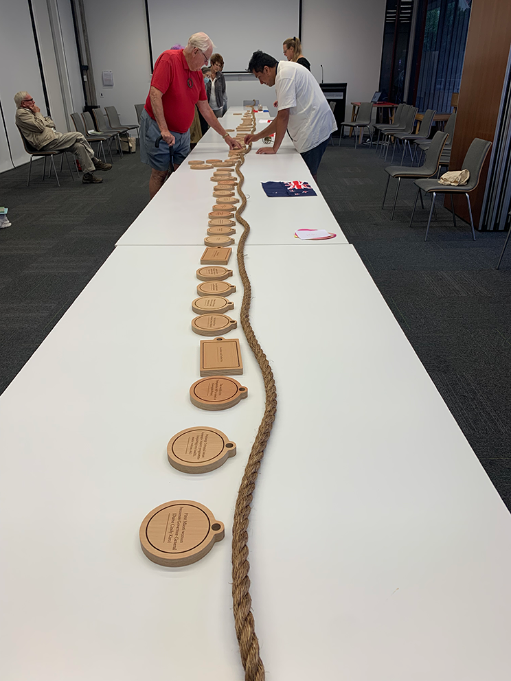 Long rope on a table with small wooden panels underneath it. People are looking at the panels and working out where they go on the rope timeline. 