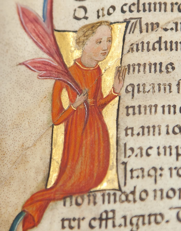Historiated initial ‘I’ with kneeling figure of Philosophy from Boethius’s Consolatio Philosophiae.