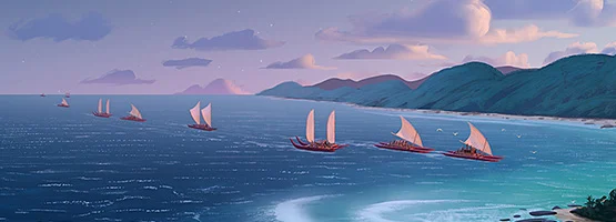 Colour artwork of a fleet of waka sailing towards the coastline.