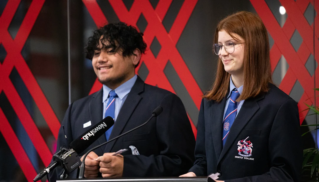 2 Huntly College students speaking at the Celebration of Reading Event.