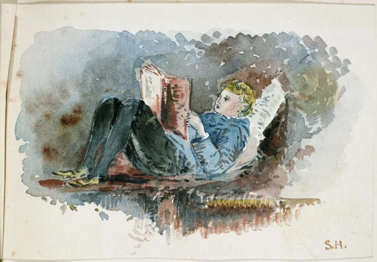 A watercolour painting shows a young boy lying down outdoors reading a book.