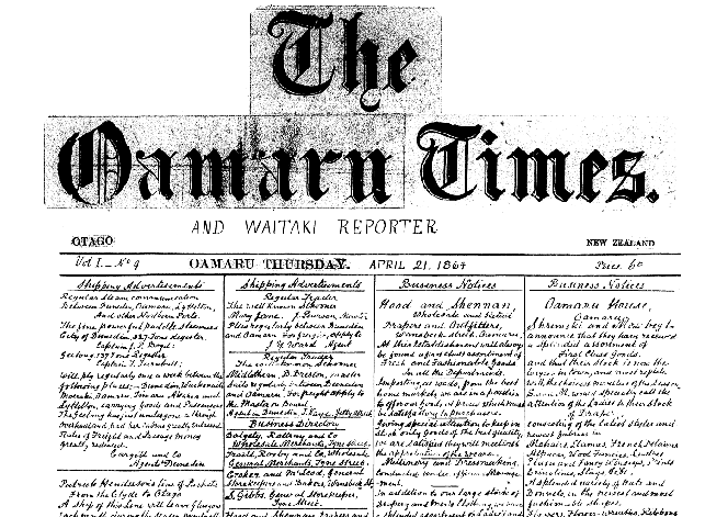 Handwritten front page of the Oamaru Times and Waitaki Reporter, entirely handwritten and primarily in cursive.