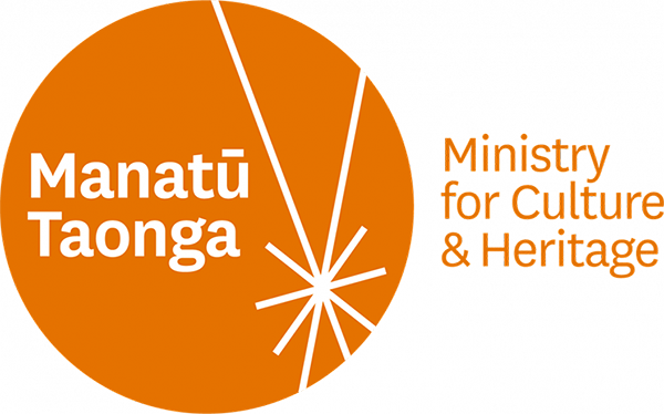 Orange circle logo with the text 'Manatū Taonga, Ministry for Culture & Heritage'