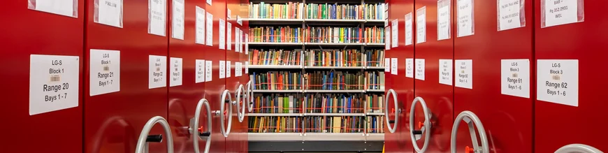 Looking through a corridor with red storage shelving on each side and at the end of the corridor a bookshelf with colourful books.
