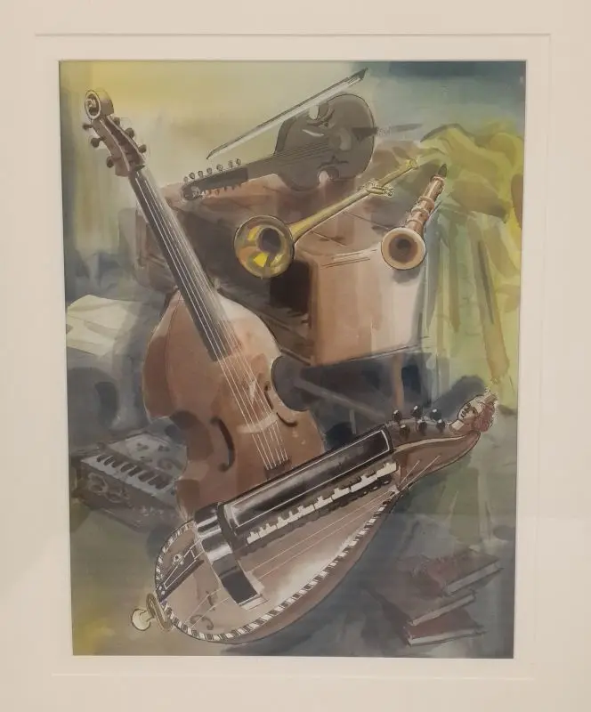 Painting of various early instruments including a hurdy gurdy, a viola d’amore, and a spinet.