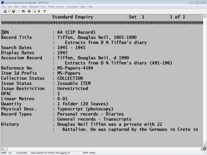 The very first descriptive record saved to TAPUHI showing the command line interface of the staff view.