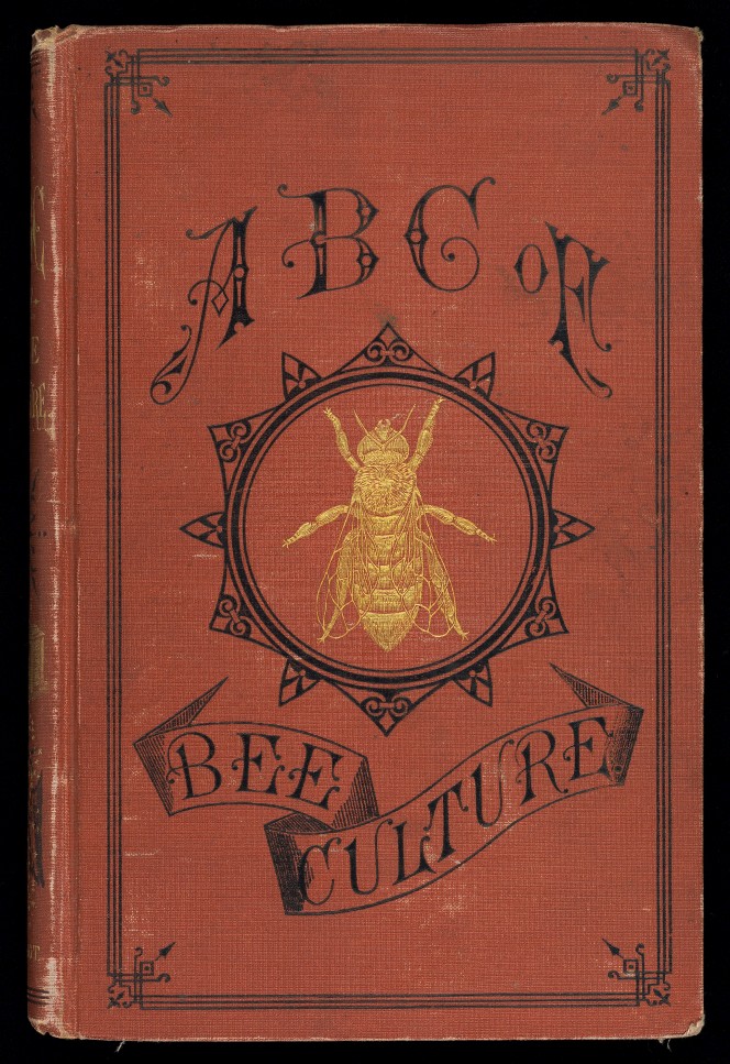 Cover A.I. Root's The ABC of bee culture, illustrated with an inlaid gilt bee.