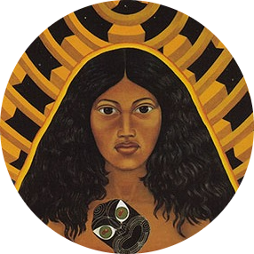 Magnificent drawing of a Māori woman with a large round light behind her and surrounding her body. She has a baby and lizard on her cloak and a carved face in the centre of her chest.  