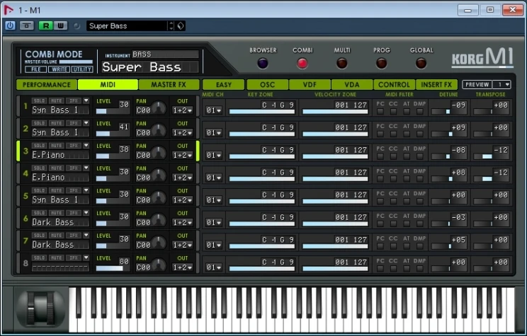 Screenshot of the plugin which features a piano keyboard along the bottom with a dozen or so banks for different midi sounds and their accompanying variables.
