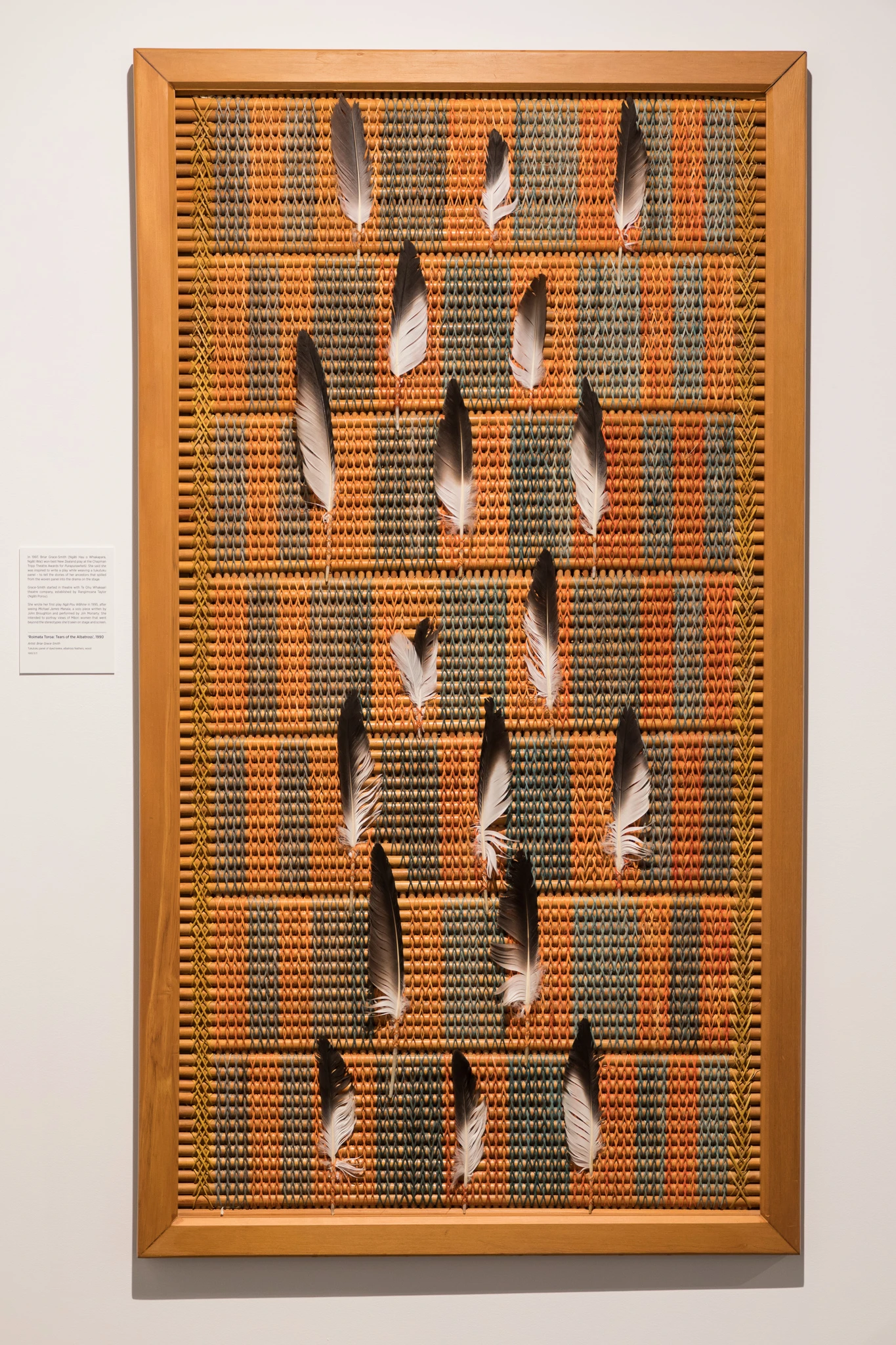 orange, brown and green woven panel with feathers on it. 