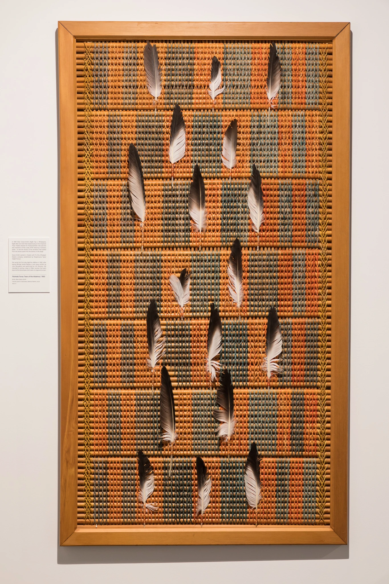 orange, brown and green woven panel with feathers on it.