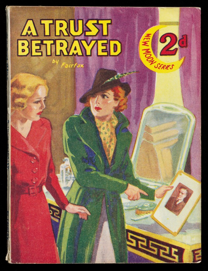 Cover of A Trust Betrayed, showing a woman in a fancy hat pointed at a portrait of a man.