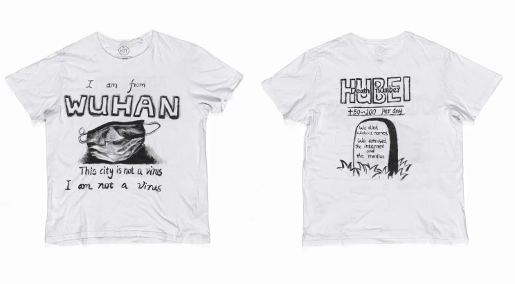 Side by side images showing the front and back of a handmade white t-shirt with black writing and imagery.