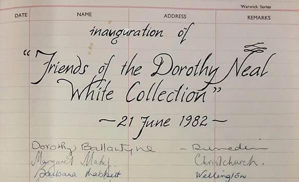 Cropped page from a lined book with handwritten text 'inauguration of 'Friends of the Dorothy Neal White Collection, 21 June 1982'.