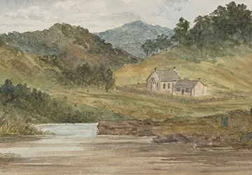 Watercolour painting of a church in Pūhoi surrounded by green hills, trees and a river.