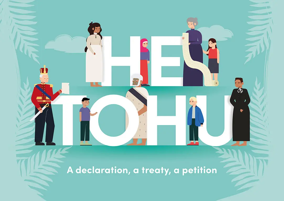 Illustrated cover showing the words 'He Tohu: A declaration, a treaty, a petition' collaged with rangatahi and people involved with the 3 documents in He Tohu.