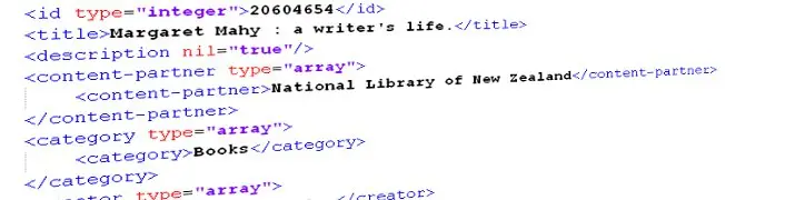 [Partial XML for a book by Margaret Mahy, showing the kind of data available for download