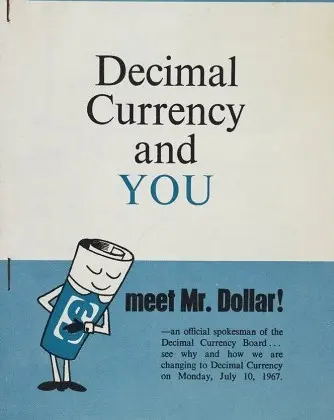 Cover of 'Decimal Currency and You',  showing a bowing Mr Dollar.