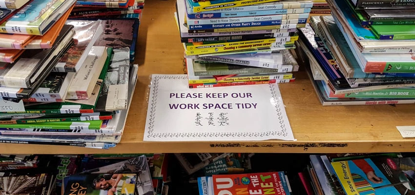 Piles of books during stocktaking